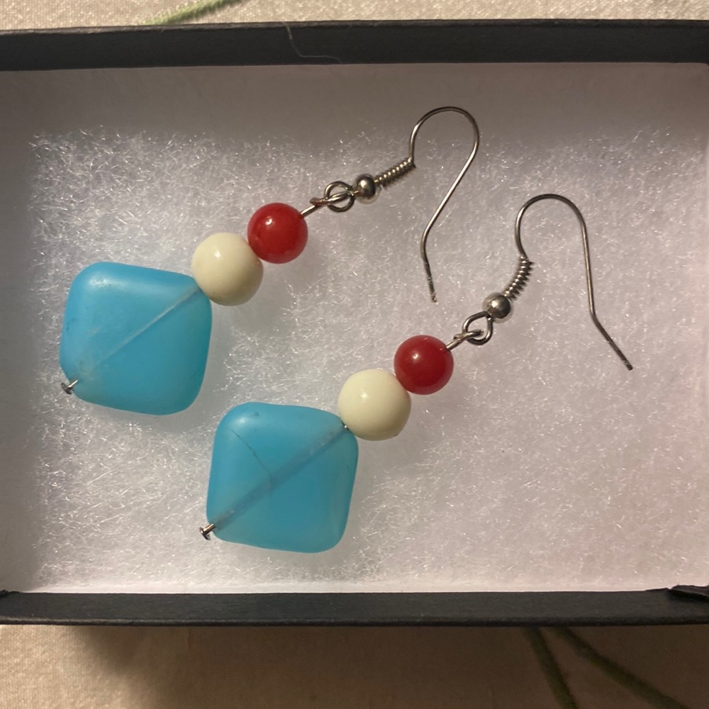 Red white and blue beads on dangle earrings - 2” long